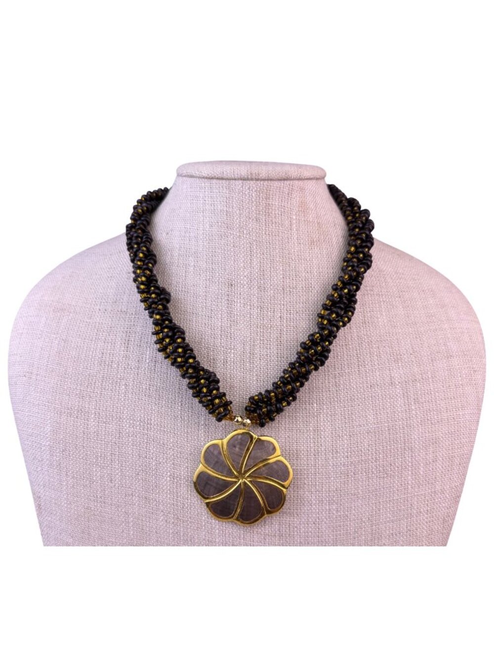 Vintage Gold Tone Mother Of Pearl Pendant Black Beaded Necklace